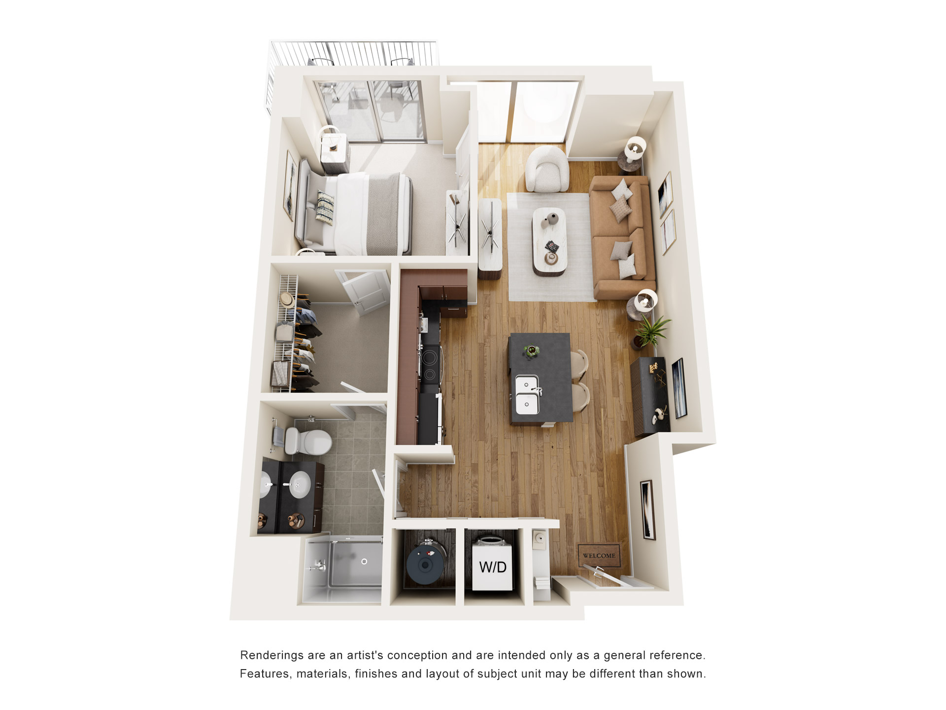 Floor plan for 1 bed, 1 bath, 723 sqft